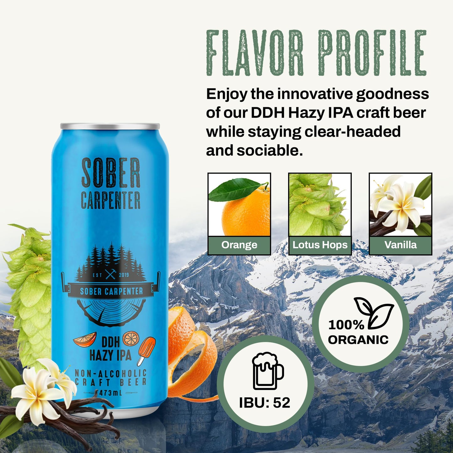 SOBER CARPENTER - DDH Hazy IPA Beer (Craft), All-Occasion Non Alcoholic Beer (with Lactose), Non Alcoholic Spirits & Alcohol Alternative, Low Calorie Drink with 70 Calories, Pack of 12 (16 oz Ea) Sober Carpenter