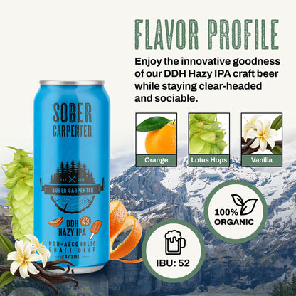 SOBER CARPENTER - DDH Hazy IPA Beer (Craft), All-Occasion Non Alcoholic Beer (with Lactose), Non Alcoholic Spirits & Alcohol Alternative, Low Calorie Drink with 70 Calories, Pack of 12 (16 oz Ea) Sober Carpenter