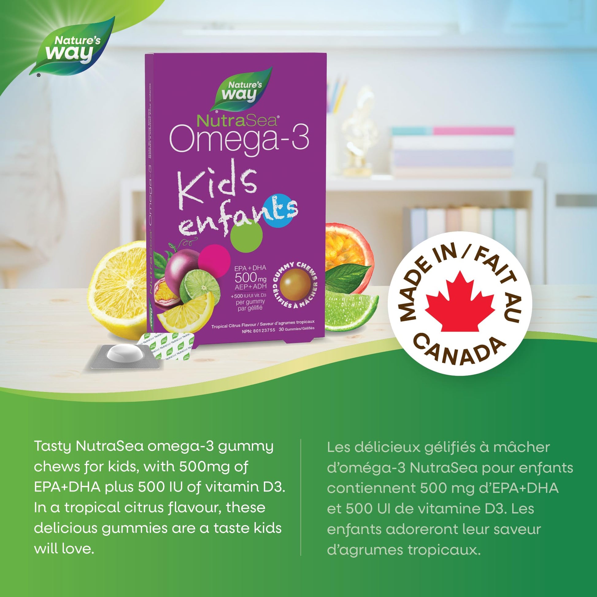 Nature's Way NutraSea Omega 3 Kids Gummy Chews Supplement with Fish Oil – Tropical Citrus Flavour – Brain, Bone & Immune Support for Kids Ages 3+ – 500mg EPA & DHA + 500IU Vitamin D3, 30 Gummies - Available at All In One Marketplace Canada