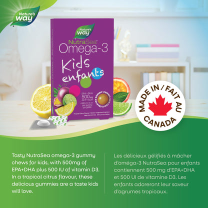 Nature's Way NutraSea Omega 3 Kids Gummy Chews Supplement with Fish Oil – Tropical Citrus Flavour – Brain, Bone & Immune Support for Kids Ages 3+ – 500mg EPA & DHA + 500IU Vitamin D3, 30 Gummies - Available at All In One Marketplace Canada