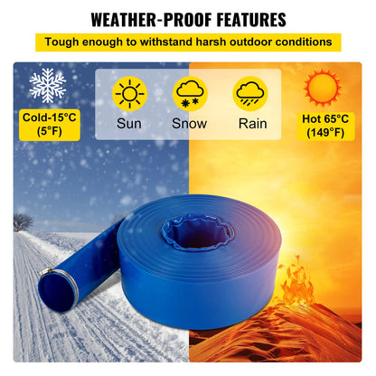 VEVOR Discharge Hose, 1-1/2" x 100', PVC Fabric Lay Flat Hose, Heavy Duty Backwash Drain Hose with Clamps, Weather-Proof & Burst-Proof, Ideal for Swimming Pool & Water Transfer, Blue VEVOR