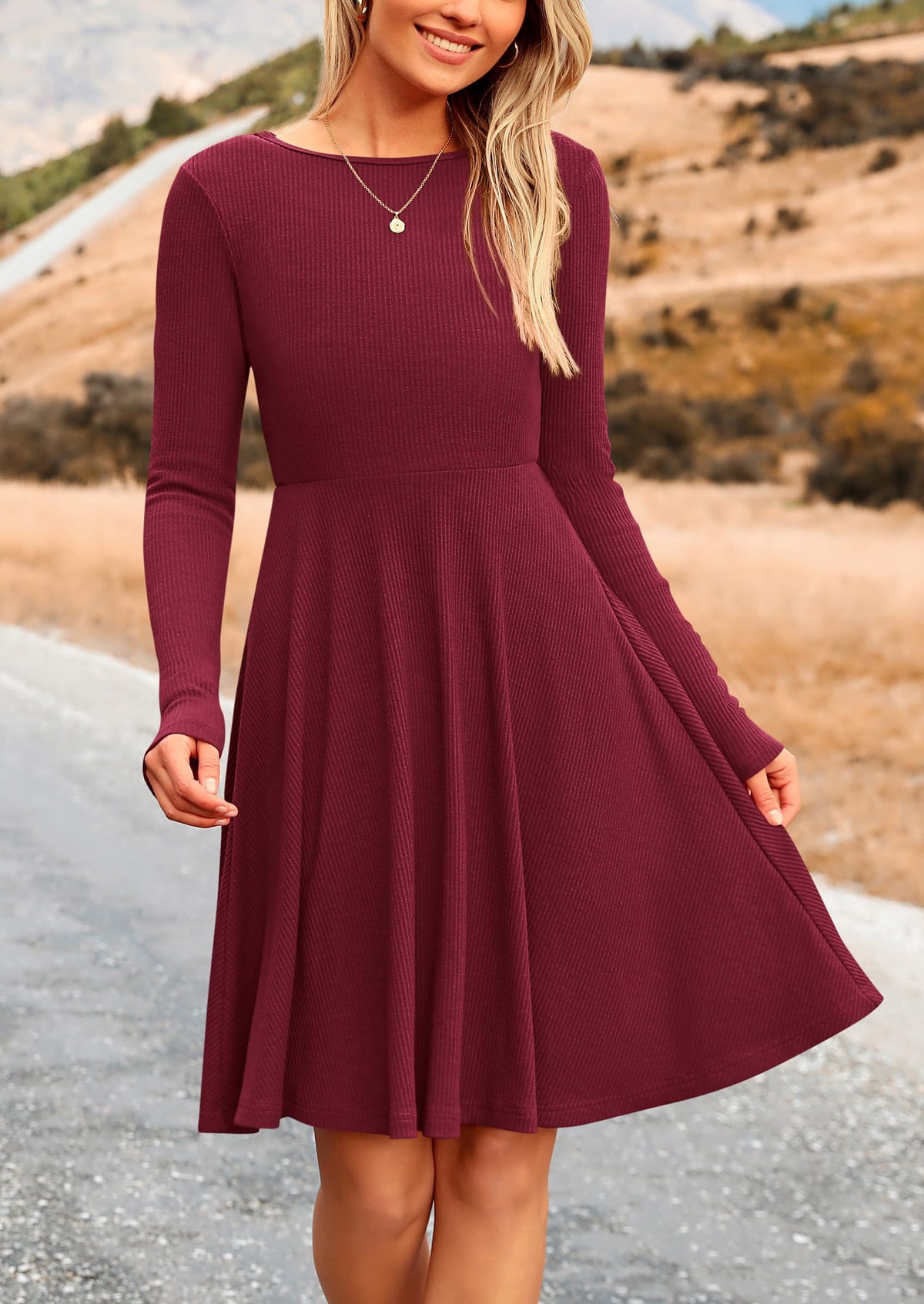 PRETTYGARDEN Women's Fall Casual Long Sleeve Short Dress Wine Red,L 🍁 All In One Marketplace Canada