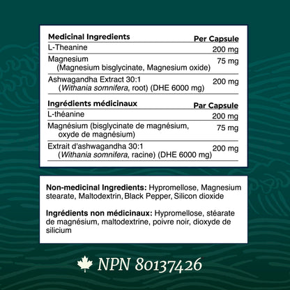 L Theanine, Magnesium Glycinate + Ashwagandha Supplement | Relaxation, Sleep & Memory Support | Stress Relief, Calm, Mood & Sleep Supplements | Made in Canada & Non-GMO | 120 Ct - Available at All In One Marketplace Canada
