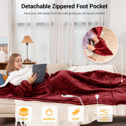 Wearable Heated Blanket Electric with Removable FootPocket,Snuggle Heated Blankets Hoodie with Sleeves Heated Robes for Women Flannel&Sherpa Heating Throw Blanket Shawl with 9 Temp for Winter 50"x80" 🍁 All In One Marketplace Canada