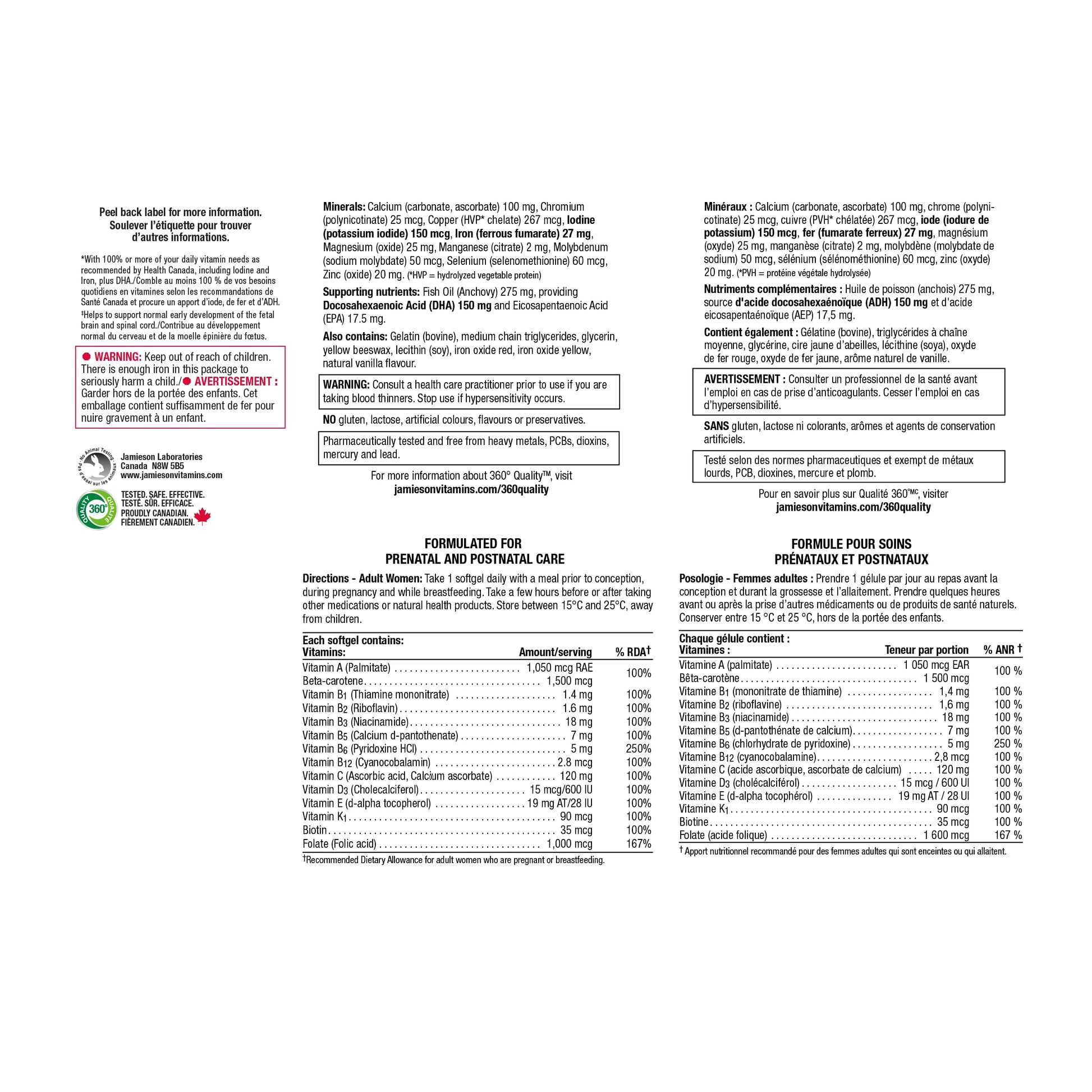Jamieson Prenatal 100% Complete Multivitamin + DHA, with Folic Acid and Iron, 60 Softgels. For Prenatal, Postnatal and Breastfeeding, Supports Baby's Developing Brain, Gluten-Free, One Per Day