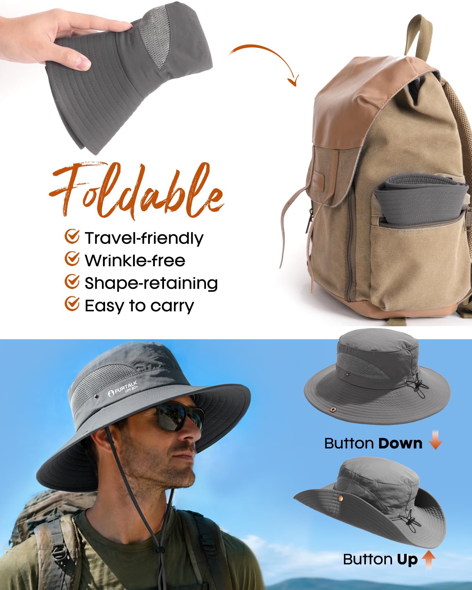 FURTALK Mens Bucket Sun Hat UPF 80+ Wide Brim Hiking Fishing Beach Outdoor Hats Dark Grey - Available at All In One Marketplace Canada