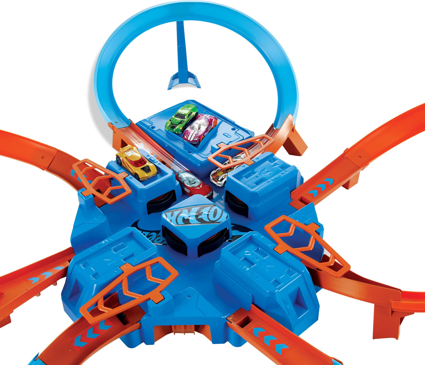 Hot Wheels Track Set with 1:64 Scale Toy Car, 4 Intersections for Crashing, Powered by a Motorized Booster, Criss-Cross Crash Track Hot Wheels