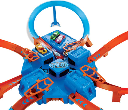 Hot Wheels Track Set with 1:64 Scale Toy Car, 4 Intersections for Crashing, Powered by a Motorized Booster, Criss-Cross Crash Track Hot Wheels