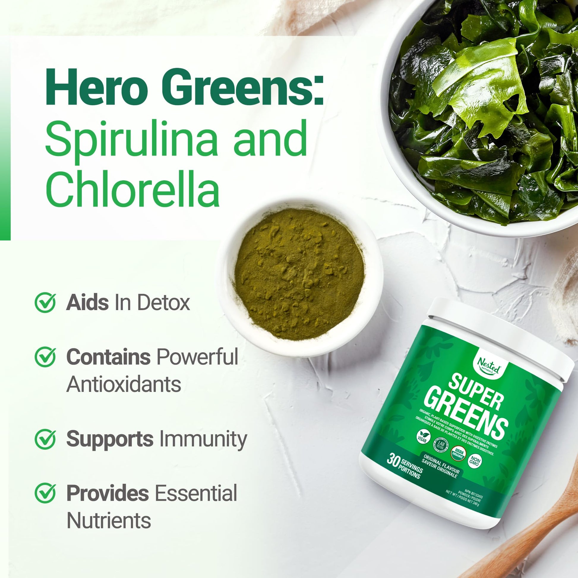 Nested Naturals Super Greens Powder - Organic Daily Greens Superfood Powder w/ 20+ Whole Foods, Spirulina, Wheat Grass & Barley Grass - Probiotics, Fiber & Enzymes - USDA Certified Organic, Original Flavour, 30 Servings - Available at All In One Marketplace Canada