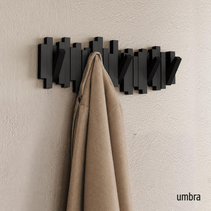 Umbra Sticks Wall-Mounted Coat Rack Rail Hook with 5 Retractable Pegs – Modern, Space-Saving Storage Organizer, Black Umbra