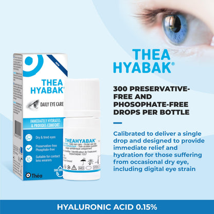 Thea Hyabak Eye Drops - Hyaluronic Acid for Dry Eyes, Contact Lens Moisturizing Lubricant, Occasional Dry Eye, Digital Device Use, Ideal for Extended Screen Use - 10 ml (300 Drops) - Available at All In One Marketplace Canada