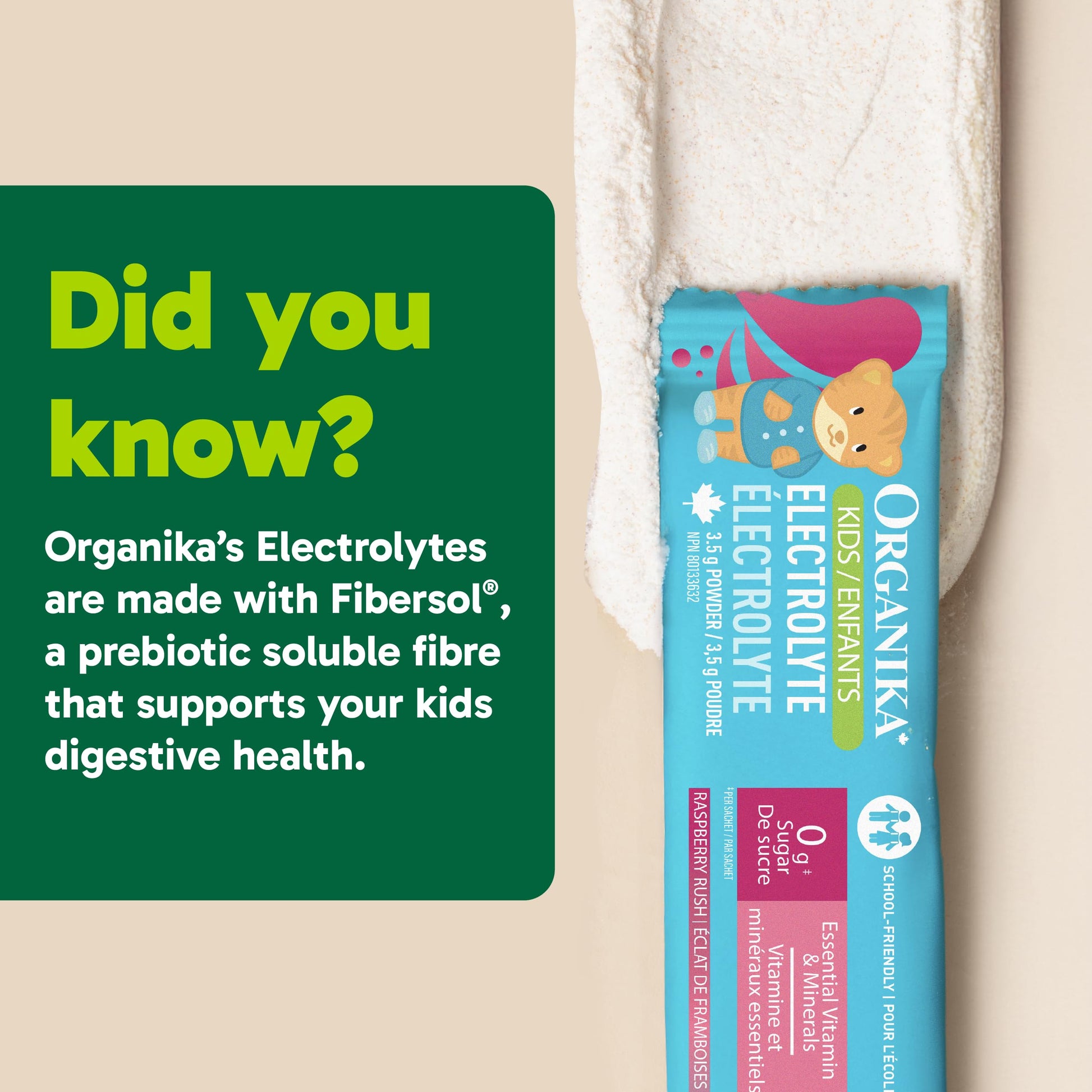Organika Kids Electrolytes Powder Sticks - Sugar-Free Hydration + Immune support with 100% of daily Vitamin C, Minerals and Prebiotic Fibre | Raspberry Rush Flavour - 3.5g x 20 sachets - Available at All In One Marketplace Canada