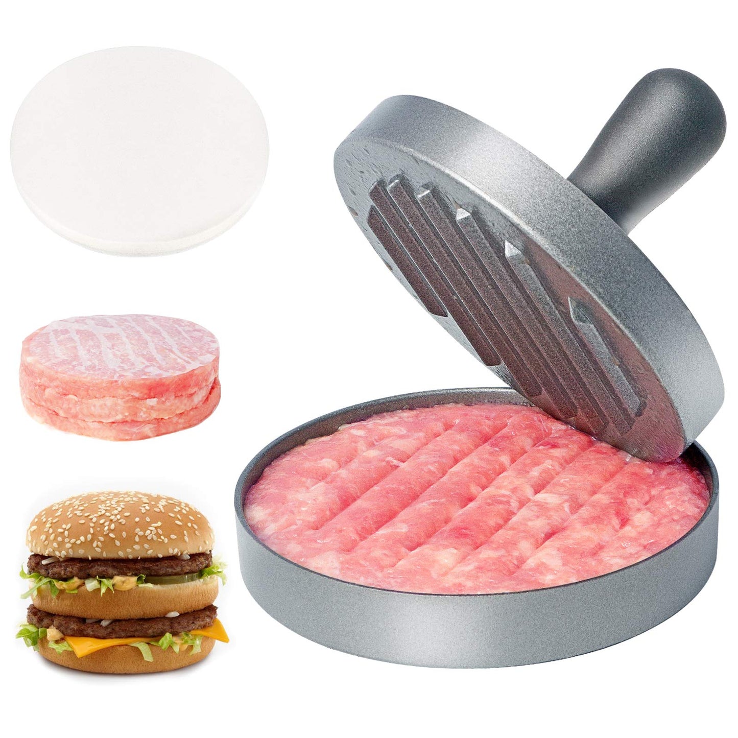 Asdirne Hamburger Press Patty Maker, Food Grade Aluminum Burger Press with ABS Handle, Non-Stick, Easy to Clean, with 50 Pcs Wax Patty Paper, 4.6" Diameter and 0.7" Depth - Available at All In One Marketplace Canada