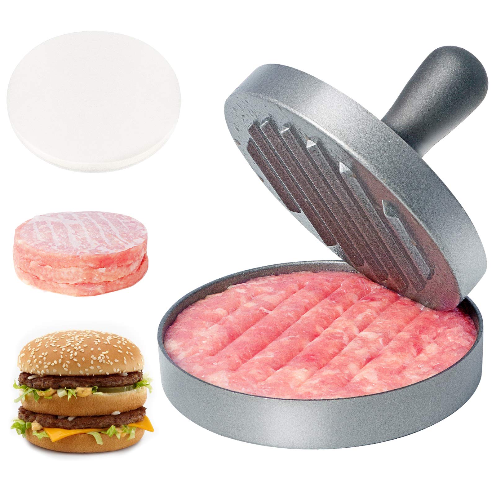 Asdirne Hamburger Press Patty Maker, Food Grade Aluminum Burger Press with ABS Handle, Non-Stick, Easy to Clean, with 50 Pcs Wax Patty Paper, 4.6" Diameter and 0.7" Depth - Available at All In One Marketplace Canada