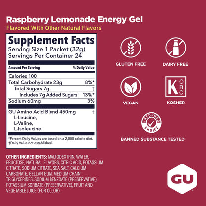 GU Energy Original Sports Nutrition Energy Gel, 24-Count, Raspberry Lemonade