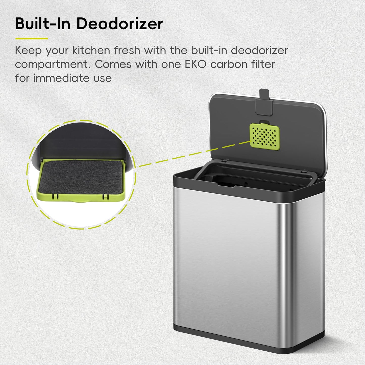 EKO Kitchen Compost Bin, 7L / 1.85 Gal Stainless Steel with Removable Inner Bucket and Deodorizer Compartment, 2-in-1 Countertop Compost Bin with Lid, Food Waste Caddy for Kitchen (MMT & Black Finish) EKO