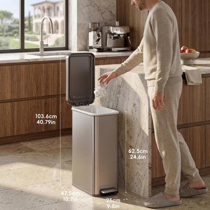 EKO Hudson Slim 50L / 13.2 Gallon Kitchen Trash Can with Lid, Stainless Steel Step Garbage Can for Kitchen or Home, Space-Saving Garbage Can with Soft Close Lid, Stay-Open, Liner Ring, Handle