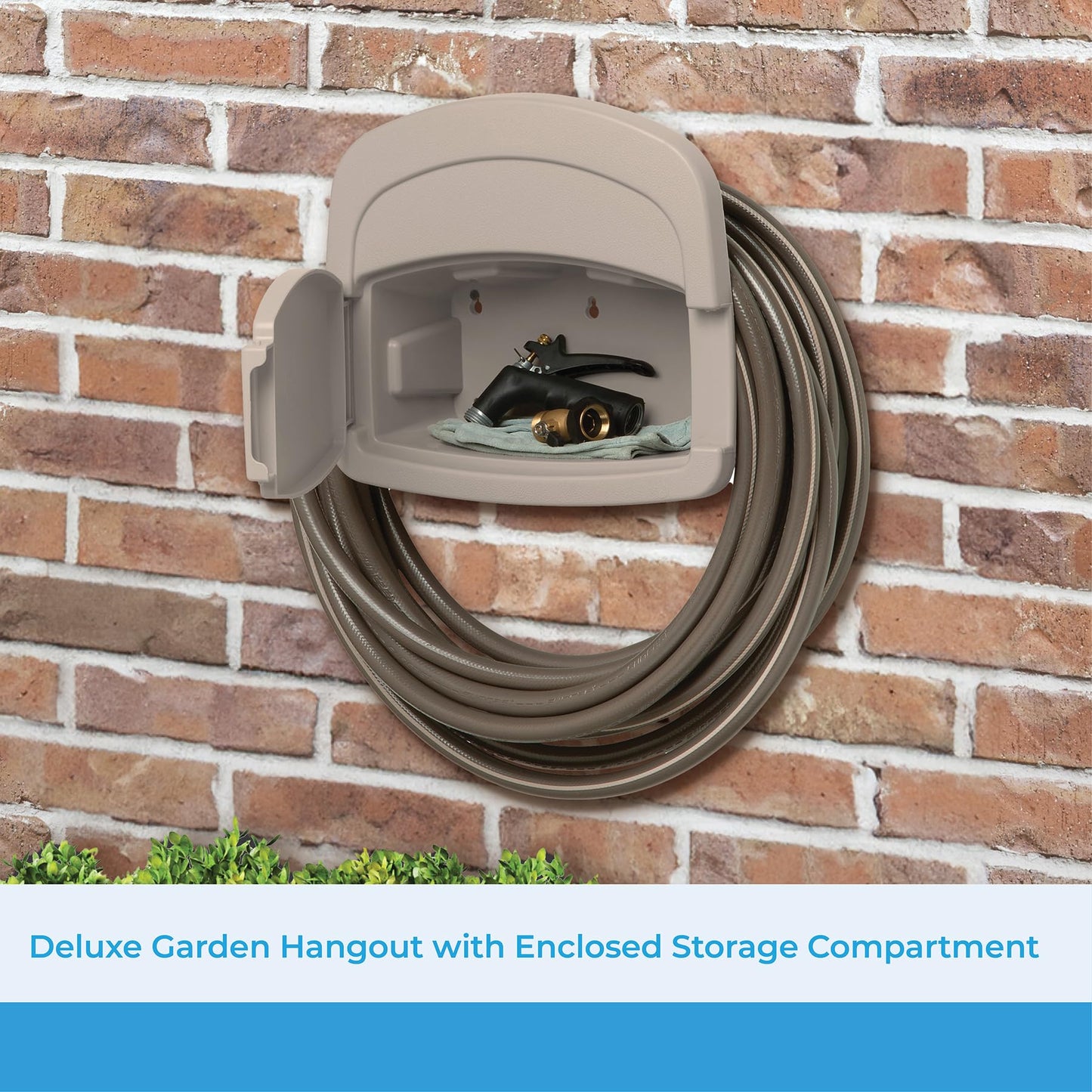 Suncast DHH150 Deluxe Garden Hose Hangout with 150-Foot Hose Capacity and Enclosed Storage Compartment, Taupe Suncast
