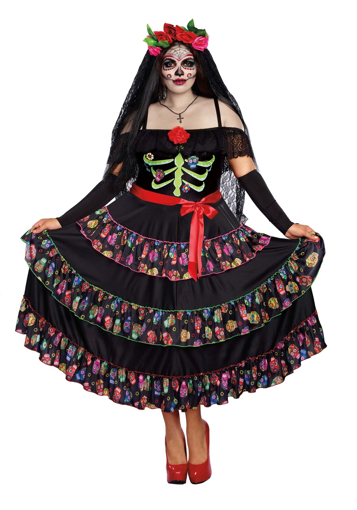 Costume de femme de la mort grande taille pour femme Dreamgirl, déguisement d'Halloween adulte Jour des morts 3X