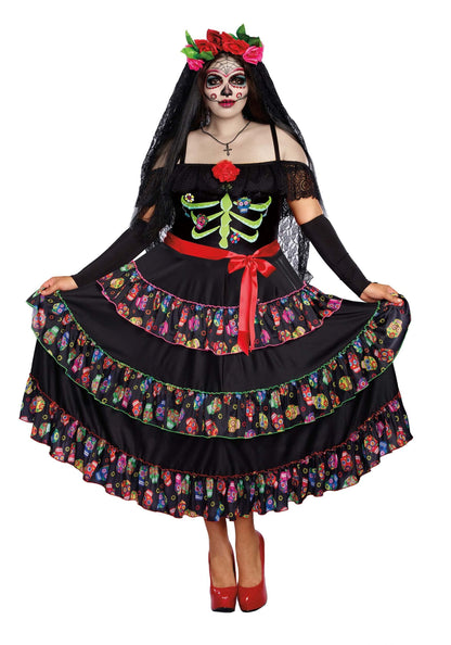 Costume de femme de la mort grande taille pour femme Dreamgirl, déguisement d'Halloween adulte Jour des morts 3X