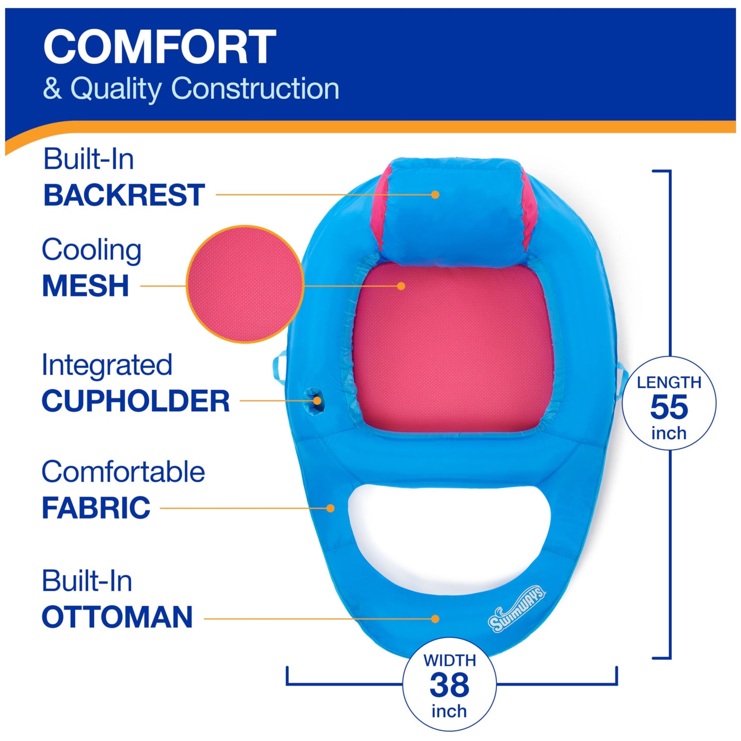 SwimWays Spring Float Premium Recliner Pool Lounger, Inflatable Pool Floats Adult with Fast Inflation for Ages 15 & Up