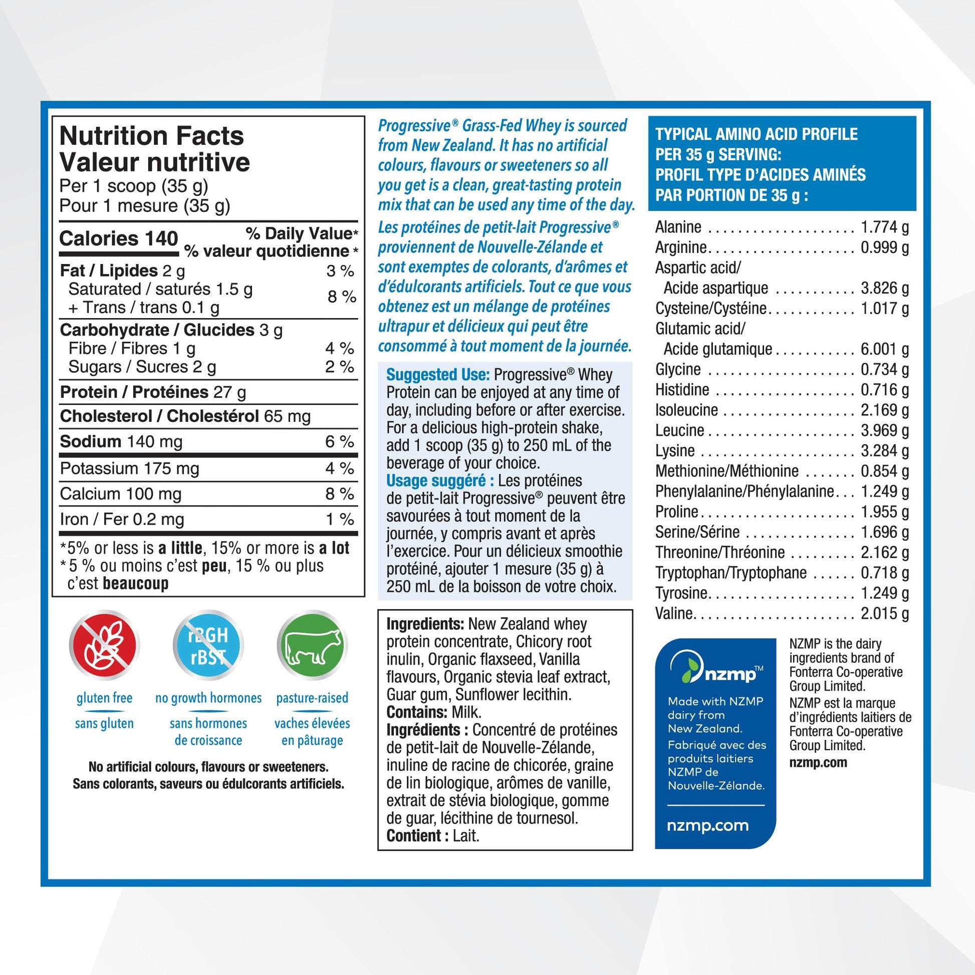 Progressive Grass-Fed 100% Whey Protein Powder Vanilla, 27g of New Zealand Whey Concentrate per Scoop for Muscle Gain, Pasture-Raised, Non-GMO, Canadian-Made Antibiotic-free, Hormone-free, 850 g Progressive
