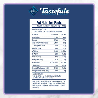 Blue Buffalo Tastefuls Chicken & Brown Rice Recipe Dry Cat Food for Kittens 2–12 Months, Real Chicken First, Deliciously Healthy Natural Kitten Food with DHA, Taurine, and Natural Ingredients, 3.1kg