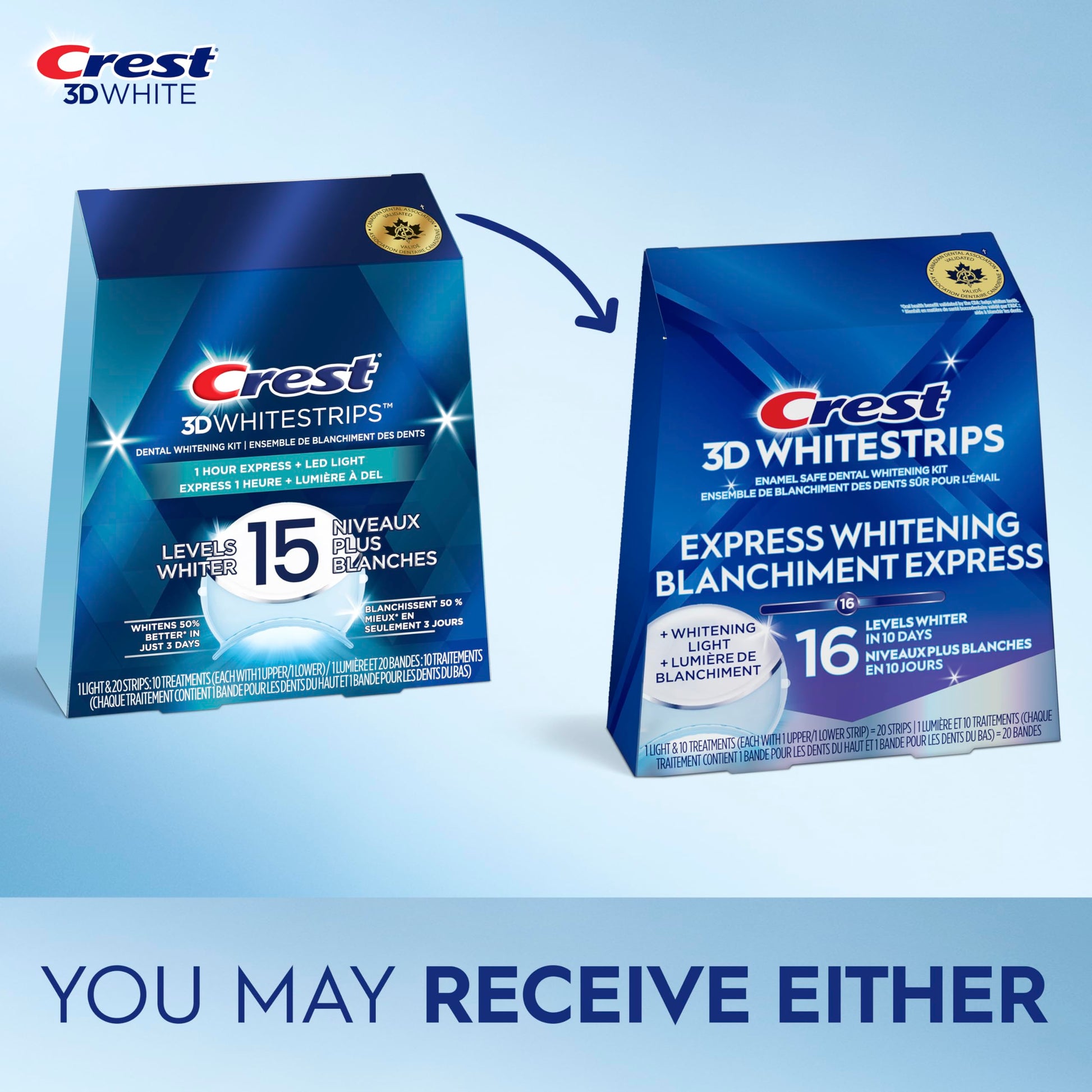 Crest 3D Whitestrips Express Whitening + Whitening Light At-home Teeth Whitening Kit, 10 Treatments + Light, 16 Levels Whiter - Available at All In One Marketplace Canada