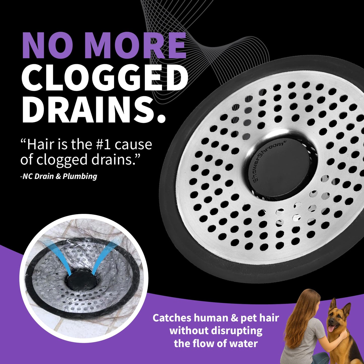 ShowerShroom SHSULT755 Ultra Revolutionary Shower Hair Catcher Drain Protector, Stainless - Available at All In One Marketplace Canada