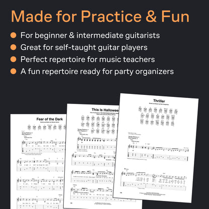 Chansons de guitare pour Halloween - 43 des plus funèbres succès arrangés pour guitare 6 cordes en notation et tablatures effrayantes | Partitions de guitare pour Halloween pour guitaristes rock et pop | Chansons effrayantes pour guitaristes 6 cordes