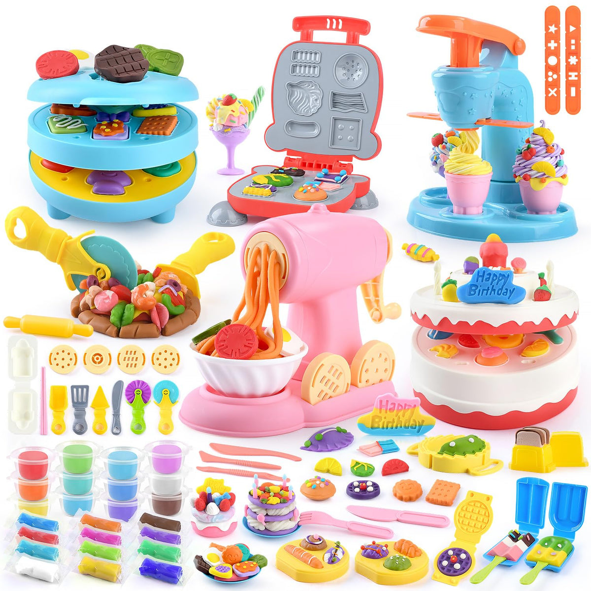 5-in-1 Color Dough Sets for Kids Ages 3+ DIY Food Maker Toys Set with 24 Dough, Arts and Crafts Kit for Pretend Play Ice Cream/Cake/Noodle/Hamburger/Pizza/Baking Set Toys Machines 🍁 All In One Marketplace Canada