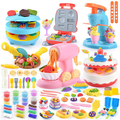 5-in-1 Color Dough Sets for Kids Ages 3+ DIY Food Maker Toys Set with 24 Dough, Arts and Crafts Kit for Pretend Play Ice Cream/Cake/Noodle/Hamburger/Pizza/Baking Set Toys Machines 🍁 All In One Marketplace Canada
