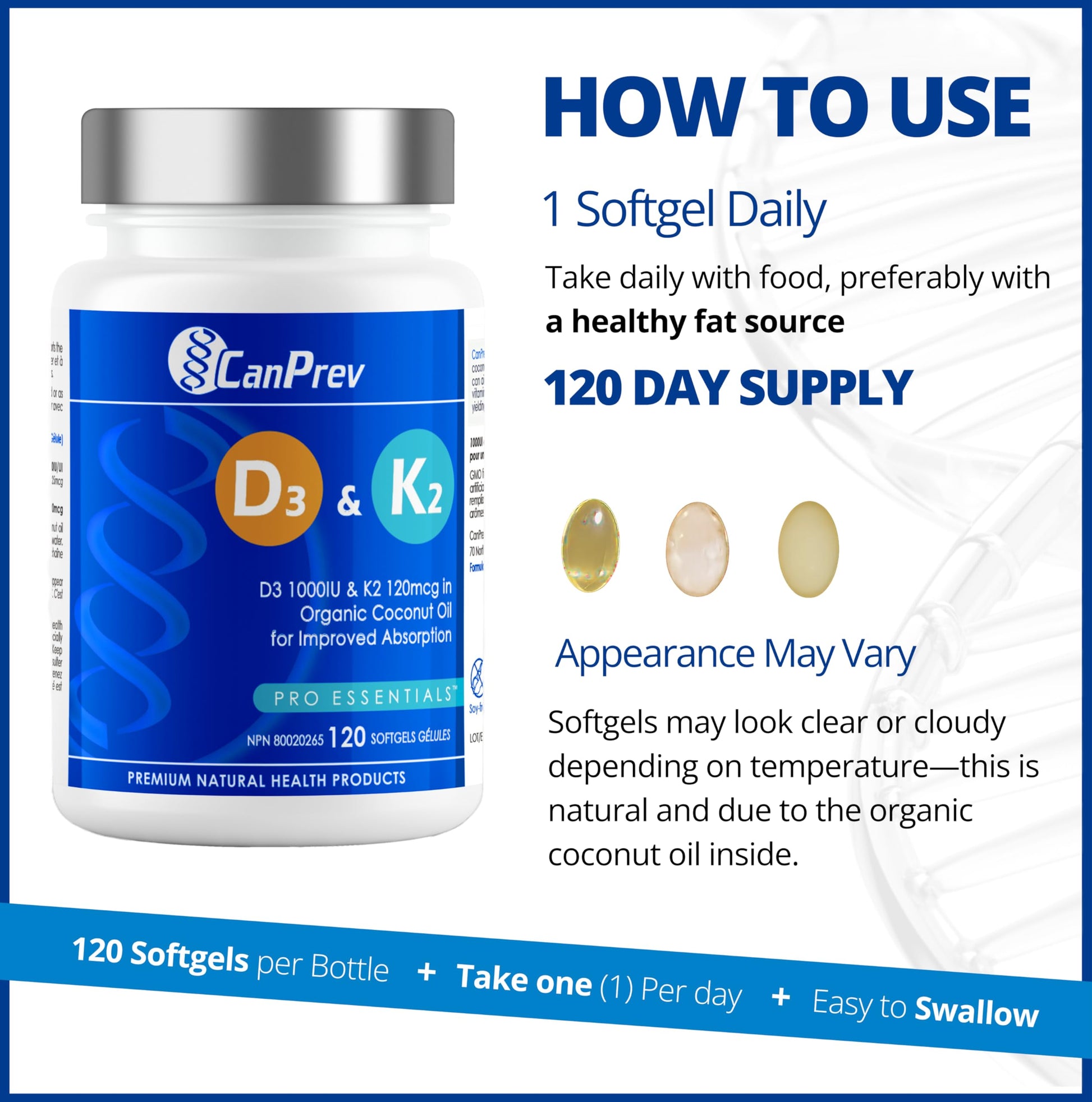 CanPrev D3 & K2 Vitamins 120 Softgels, 120-Day Supply, 1000IU Vitamin D3 & 120mcg K2, Supports Strong Bones, Teeth & Heart Wellness, Easy-to-Absorb with Organic Coconut Oil, No GMO, Gluten, Soy, Dairy