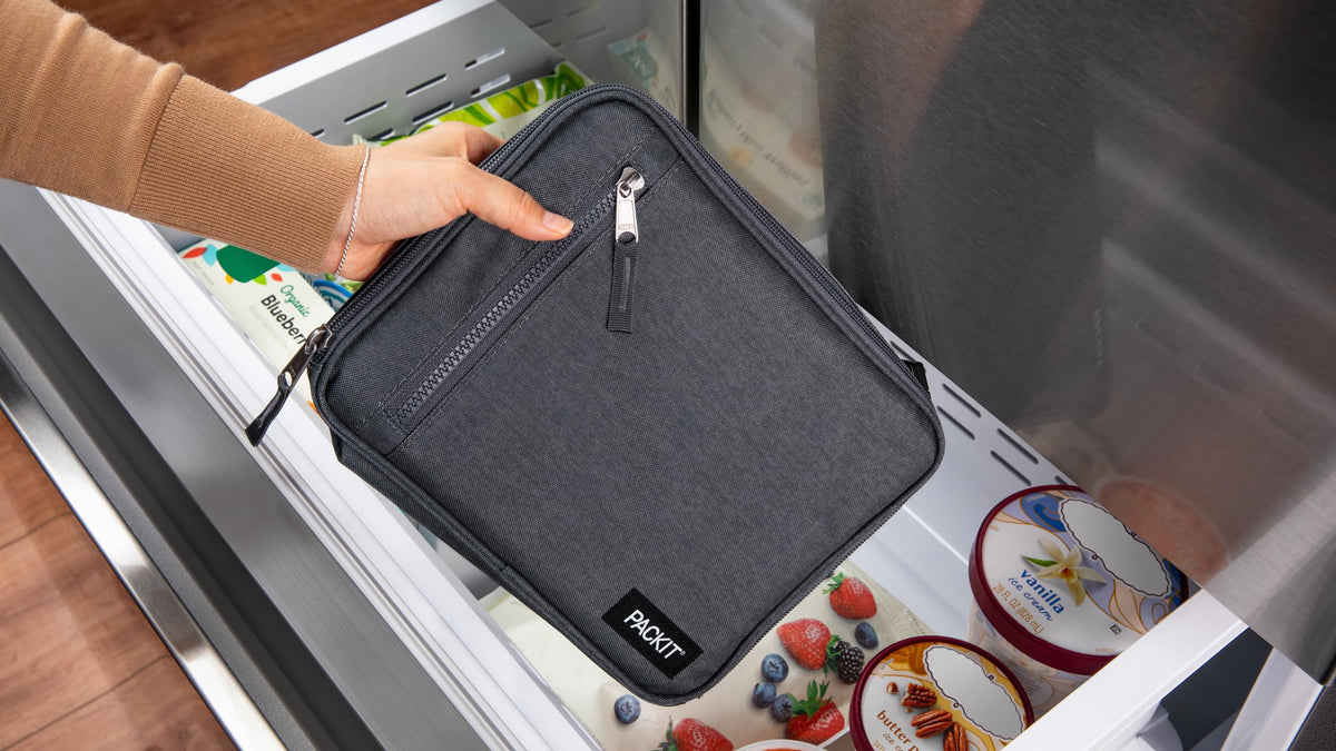 PackIt Freezable Classic Lunch Box, City Charcoal, Built with EcoFreeze® Technology, Collapsible, Reusable, Zip Closure with Front Pocket and Buckle Handle, for Work Lunch