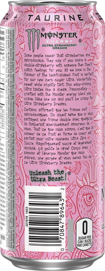 Monster Energy Ultra Strawberry Dreams, 473 mL Cans (12 Pack) – Zero Sugar Energy Drink