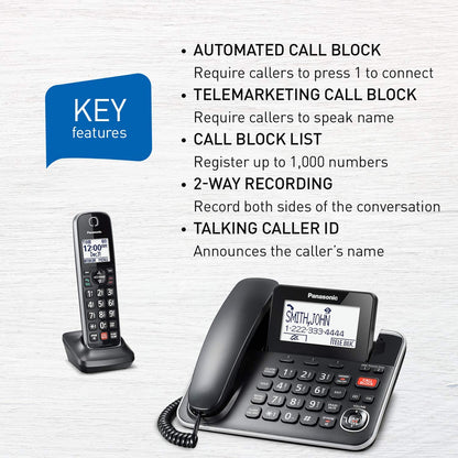 Panasonic DECT 6.0 2-in-1 Corded/Cordless Phone with Answering Machine, Advanced Call Block (1,000 Numbers), and Talking Caller ID - 1 Cordless Handset - KX-TGF870CB, Black Panasonic