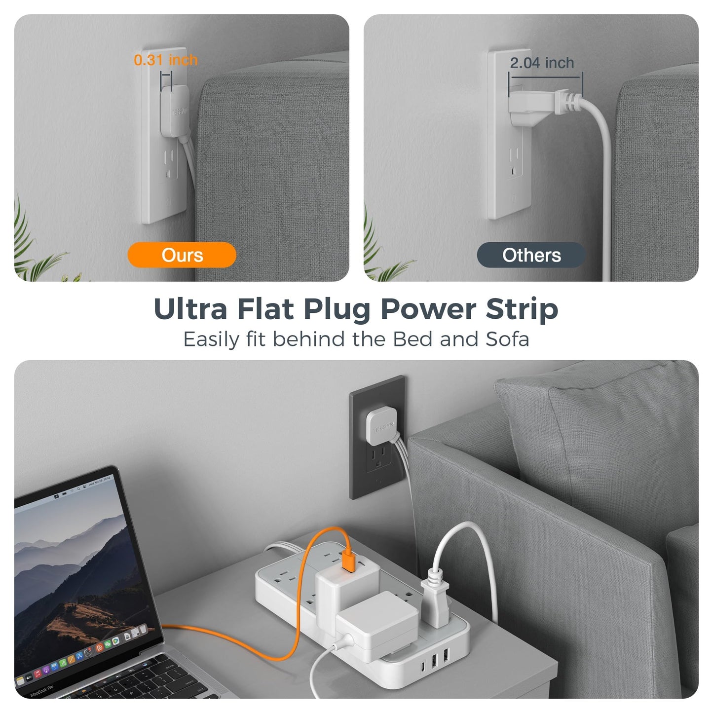 TESSAN Flat Plug Power Bars with Surge Protector 1080J, 6 Ft