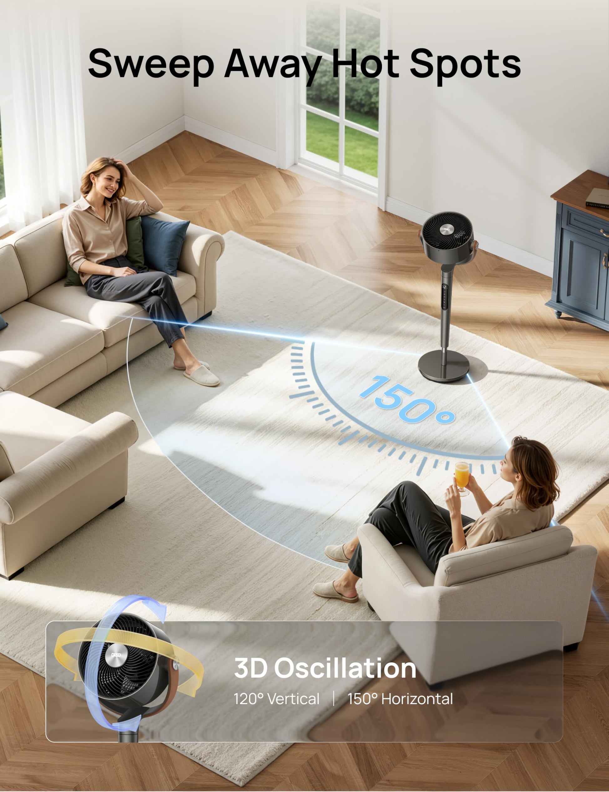DREO Smart Fan For Bedroom, Standing Fans for Home, 120°+150° Oscillating Pedestal Fan Wi-Fi/Voice Control, 100ft 20db Quiet Circulator RGB Fan, DC Motor, 6 Modes, 12 Speeds, 37-42'' Adjustable Height - Available at All In One Marketplace Canada