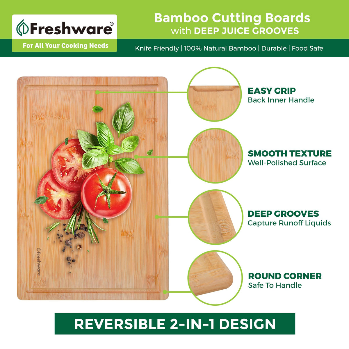 Freshware Wood Cutting Boards for Kitchen - Bamboo Cutting Board Set of 3, Cutting Boards with Juice Grooves, Serving Board Set, Chopping Board for Meat, Veggie, Easy Grip Handle (9x6, 12x8, 15x10)
