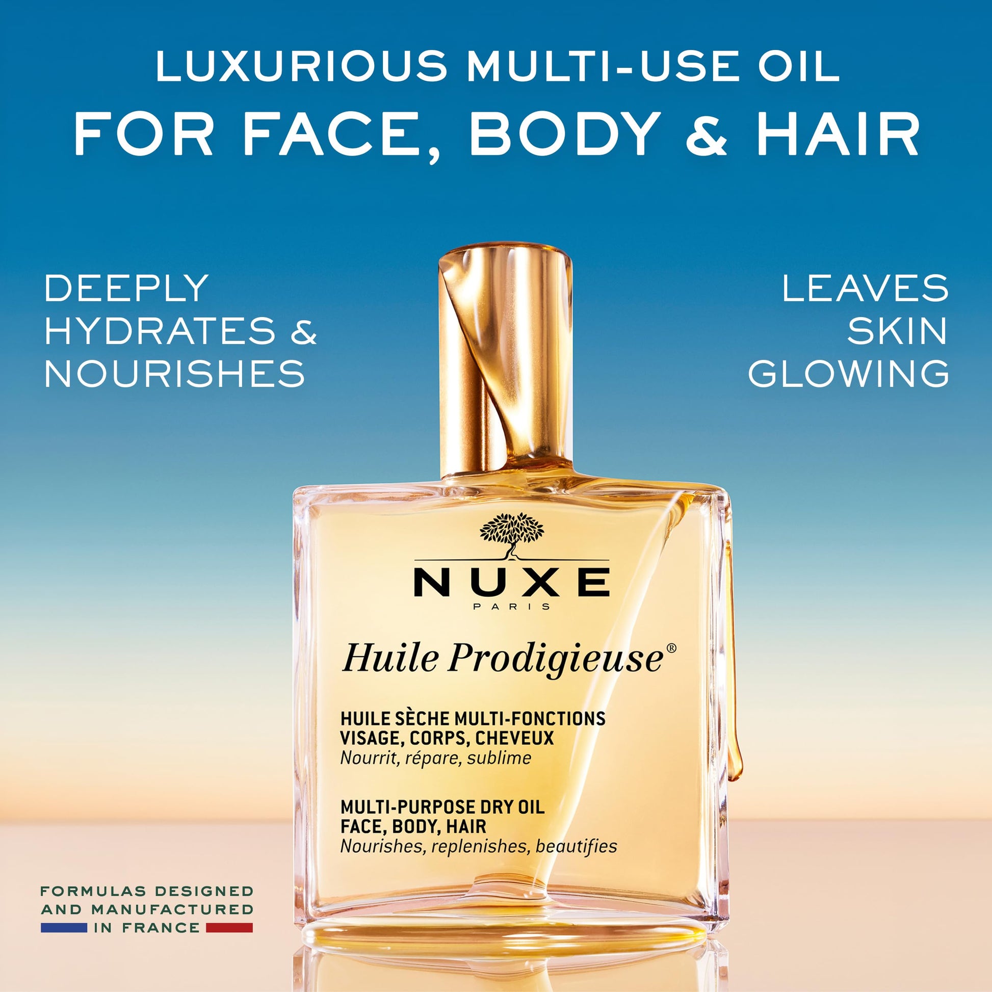 NUXE Huile Prodigieuse Multi-Purpose Dry Oil - Radiant Glow and Lightweight Hydration for Face, Body & Hair. Nourishes, Repairs and Enhances - 100mL Nuxe