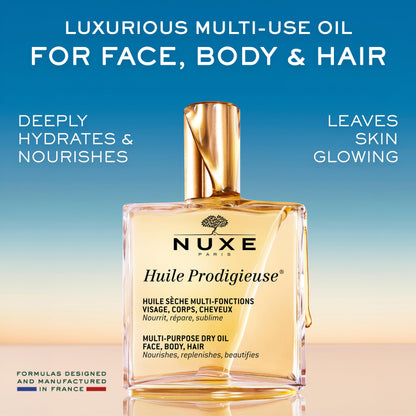 NUXE Huile Prodigieuse Multi-Purpose Dry Oil - Radiant Glow and Lightweight Hydration for Face, Body & Hair. Nourishes, Repairs and Enhances - 100mL Nuxe