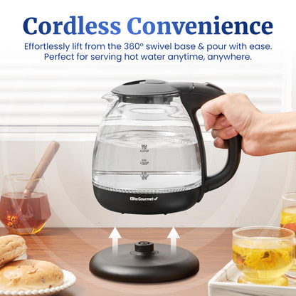 Elite Gourmet EKT1001B Electric BPA-Free Glass Kettle, Cordless 360° Base, Stylish Blue LED Interior, Handy Auto Shut-Off Function – Quickly Boil Water for Tea & More, 1L, Graphite Black