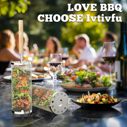 ivtivfu Rolling Grill Basket, Removable Wooden Handle, 304 Stainless Steel, Nesting Grilling Tools, Smoker BBQ Accessories for Vegetable, Outdoor Cooking Camping, Birthday Gifts for Men Dad Husband