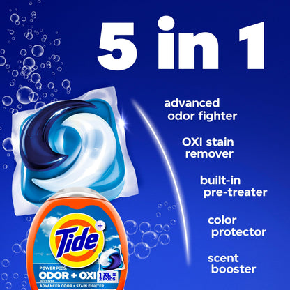 Tide Odour + Oxi Laundry Detergent Pacs, Original Scent, Advanced Odour + Stain Fighter, laudry soap washing detergent pacs, 63 Count Tide