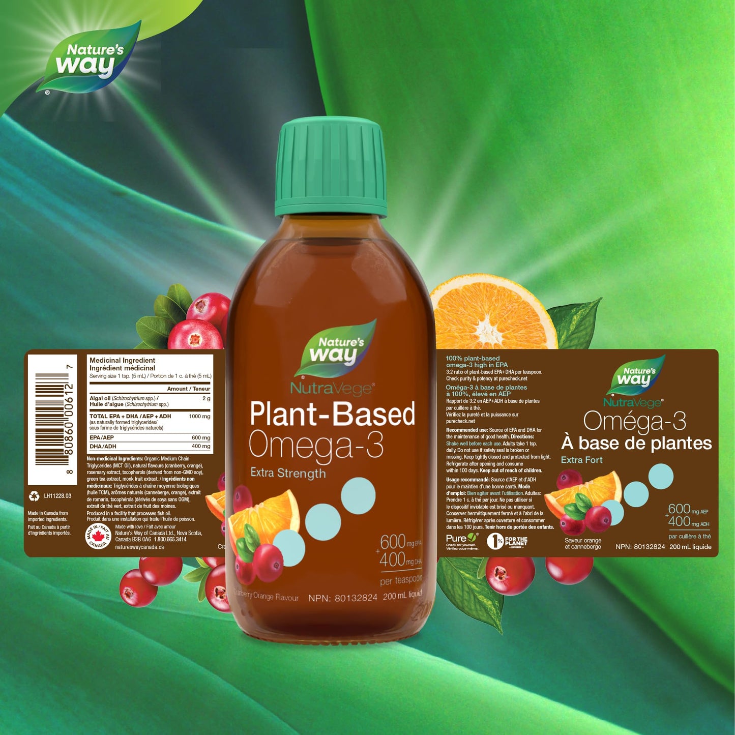 Nature's Way NutraVege Plant-based Omega-3 Extra Strength Vegetarian Liquid Supplement - 1000mg EPA + DHA - Cranberry Orange Flavour – Supports Healthy Heart, Eyes and Brain Function in Adults, 200 mL Nature's Way