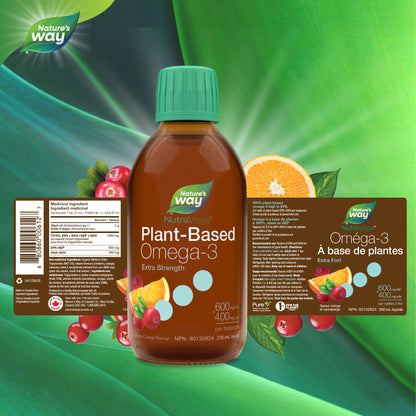 Nature's Way NutraVege Plant-based Omega-3 Extra Strength Vegetarian Liquid Supplement - 1000mg EPA + DHA - Cranberry Orange Flavour – Supports Healthy Heart, Eyes and Brain Function in Adults, 200 mL Nature's Way