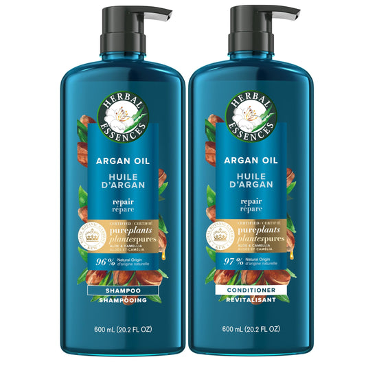 Herbal Essences, Argan Oil Paraben Free Shampoo and Conditioner, Dual Pack, Hair Repair, with Certified Camellia Oil and Aloe Vera, For All Hair Types, Especially Damaged Hair, 600 mL Each - Available at All In One Marketplace Canada