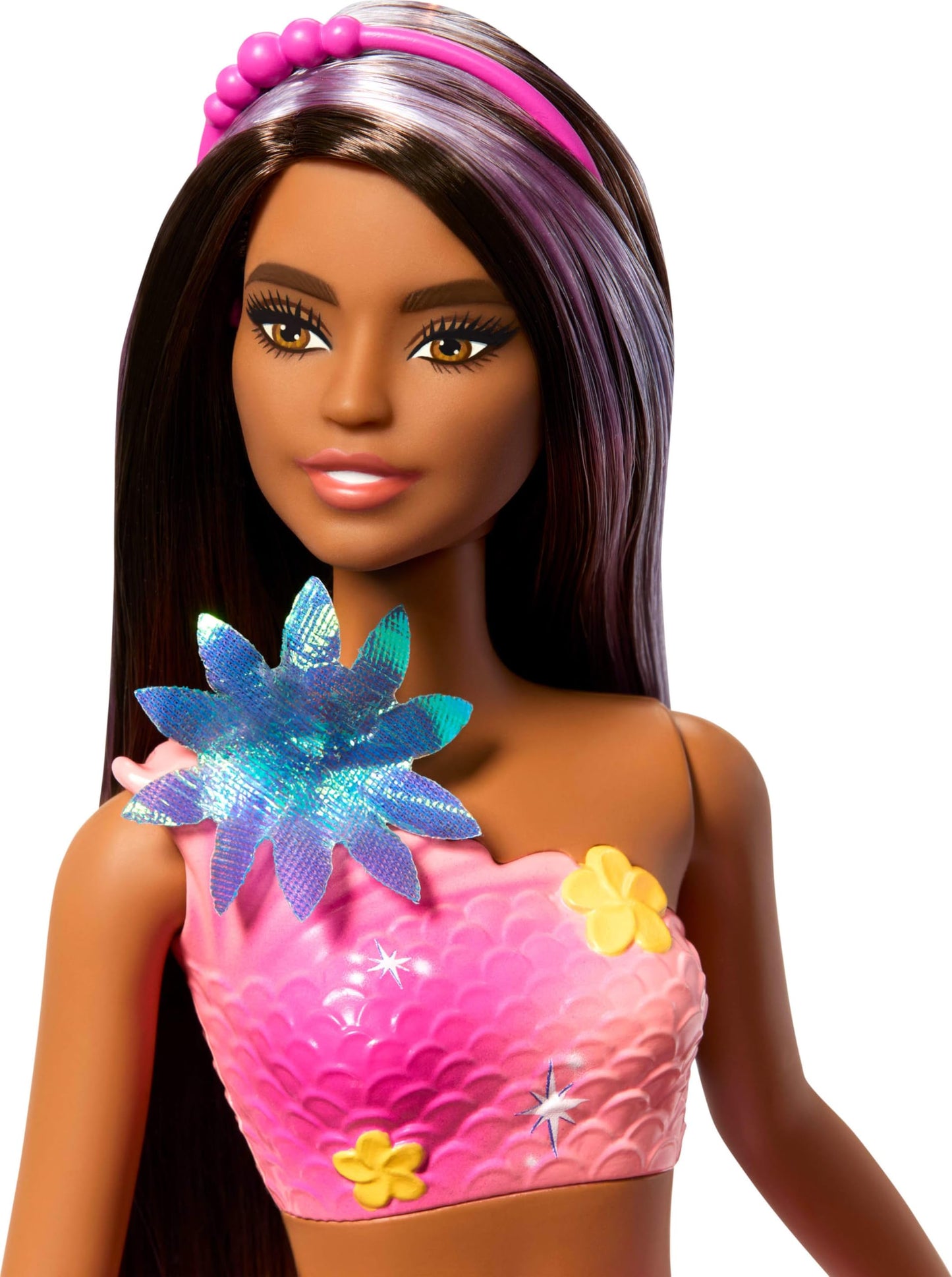 Barbie Mermaid Toy Dolls with Surprise Magic Blooming Flowers Feature, Ombre Tails, Pearl Headband Accessory & Long Brown Hair with Purple Highlights Barbie
