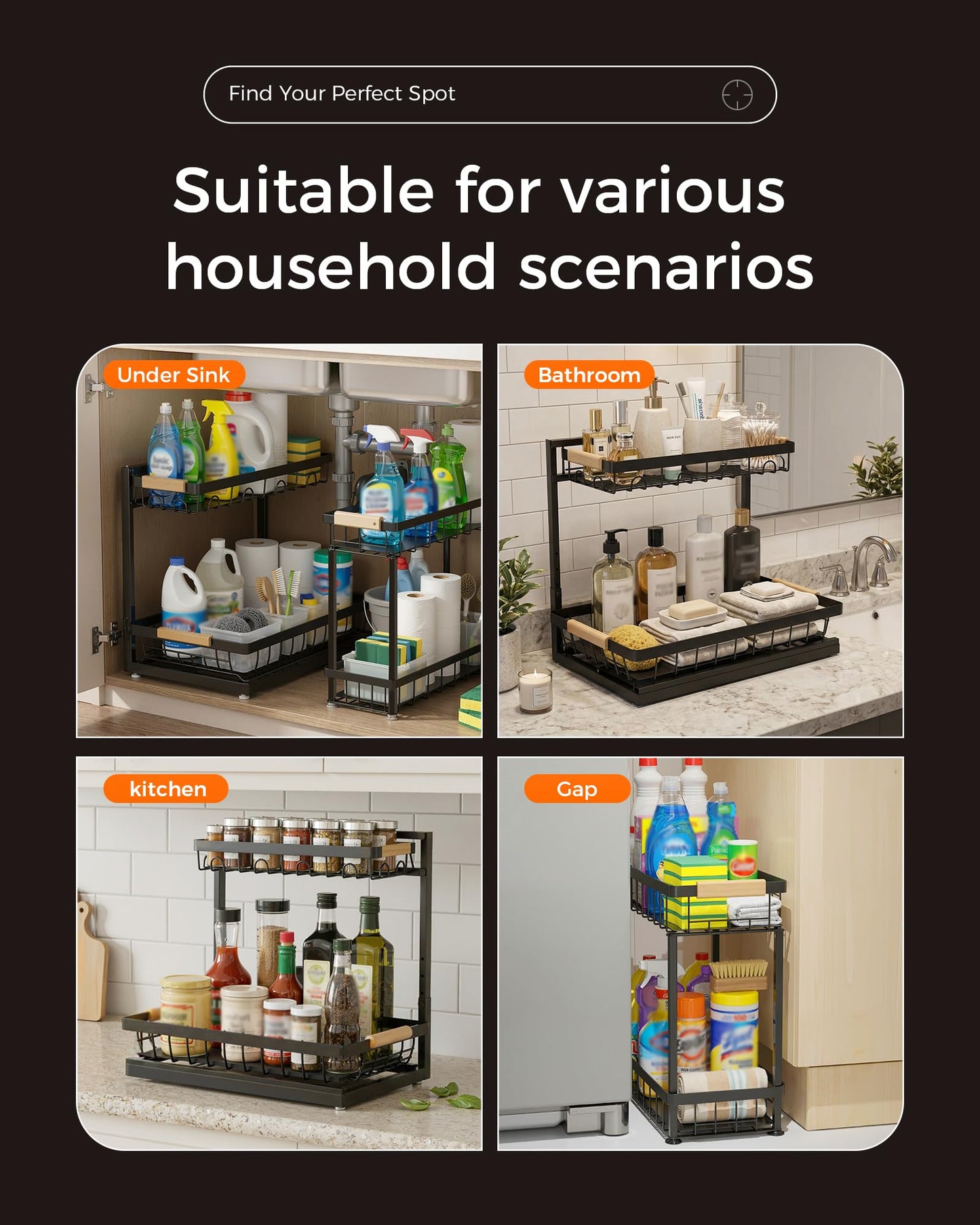 Sevenblue 2 Pack Under Sink Organizer, Height Adjustable 2 Tier Under Sink Organizer Kitchen, Multi-Purpose Storage Shelf for Kitchen Bathroom Cabinet (Black, Large) - Available at All In One Marketplace Canada