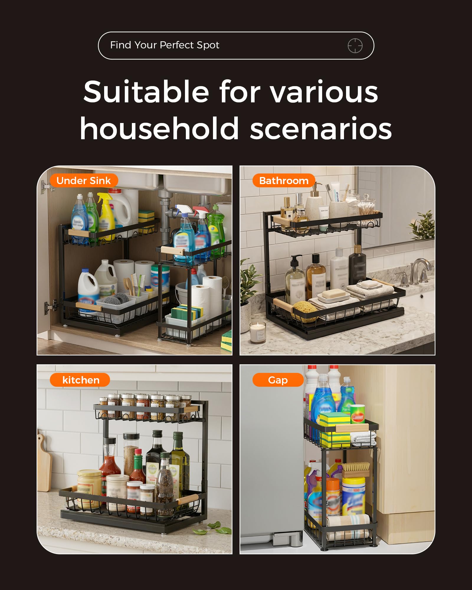 Sevenblue 2 Pack Under Sink Organizer, Height Adjustable 2 Tier Under Sink Organizer Kitchen, Multi-Purpose Storage Shelf for Kitchen Bathroom Cabinet (Black, Large) - Available at All In One Marketplace Canada